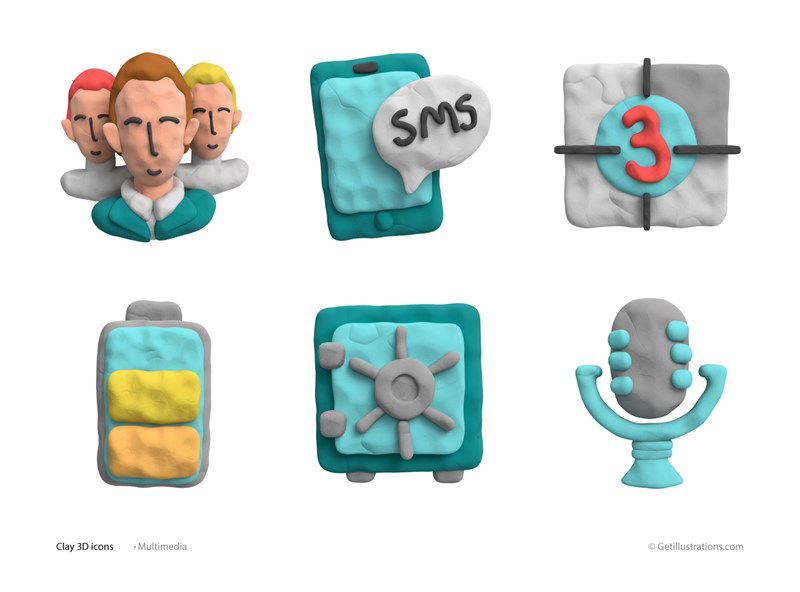 Clay 3D Multimedia Icons pack showcase image